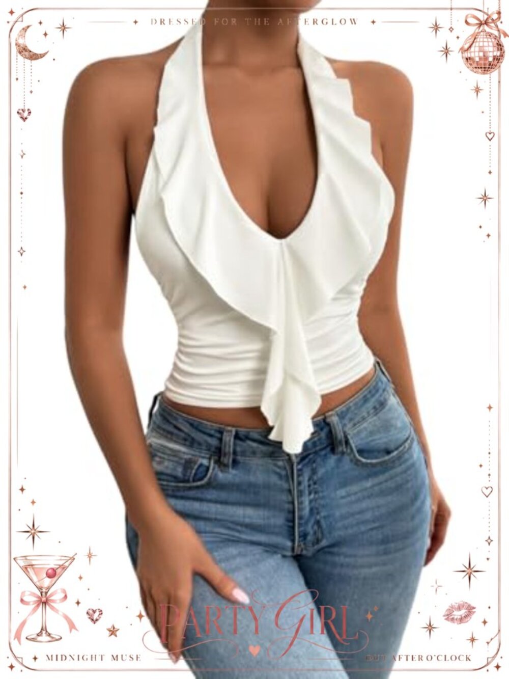 Ruffle Trim Halter Crop Top Ruched V Neck Sleeveless Backless Cami